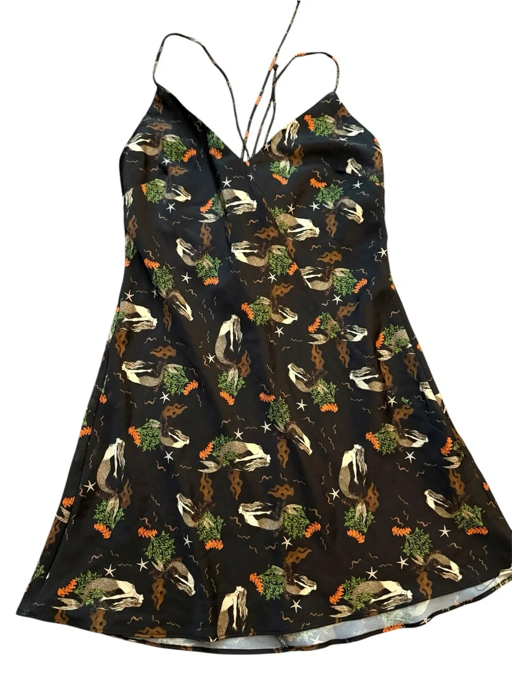 Zara Black Mermaid Print Satin Slip S Dress Coastal Indie Sleaze Euro Summer